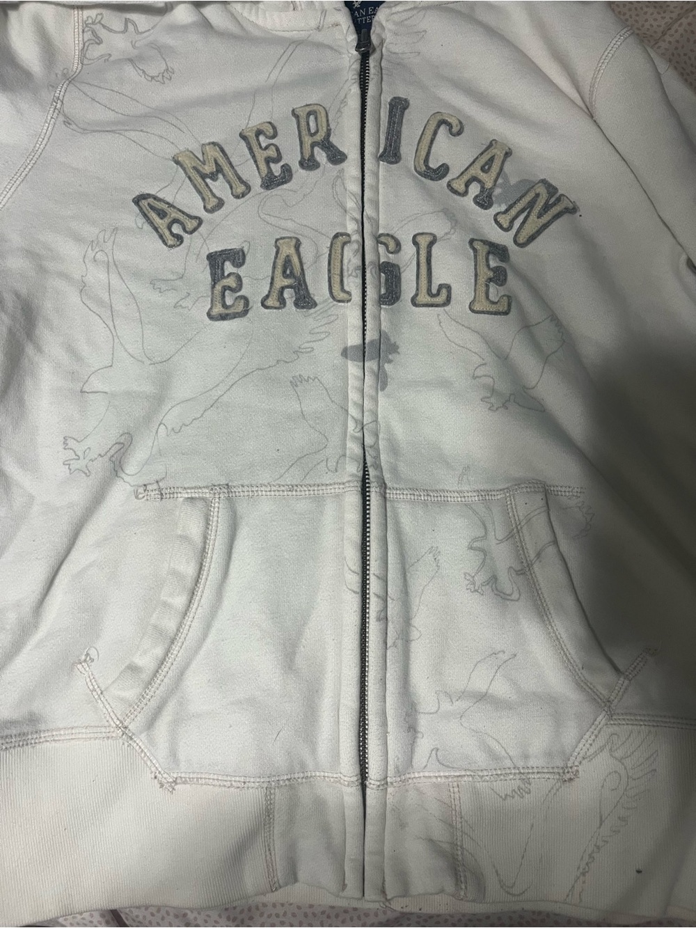 American Eagle Outfitters White Zip Front Hoodie with Eagle Graphic